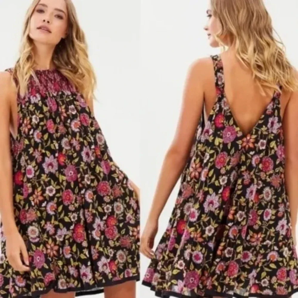 Free People Oh Baby Dress Babydoll XS Floral Boho Mini Smocked Cottagecore